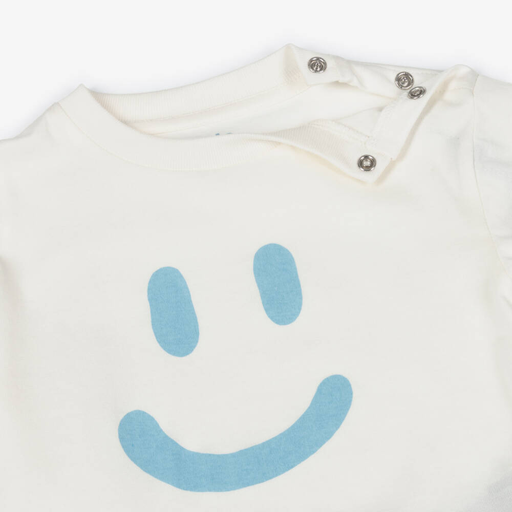Molo-Boys White Organic Cotton T-Shirt with Blue Smiling Face | Childrensalon Outlet
