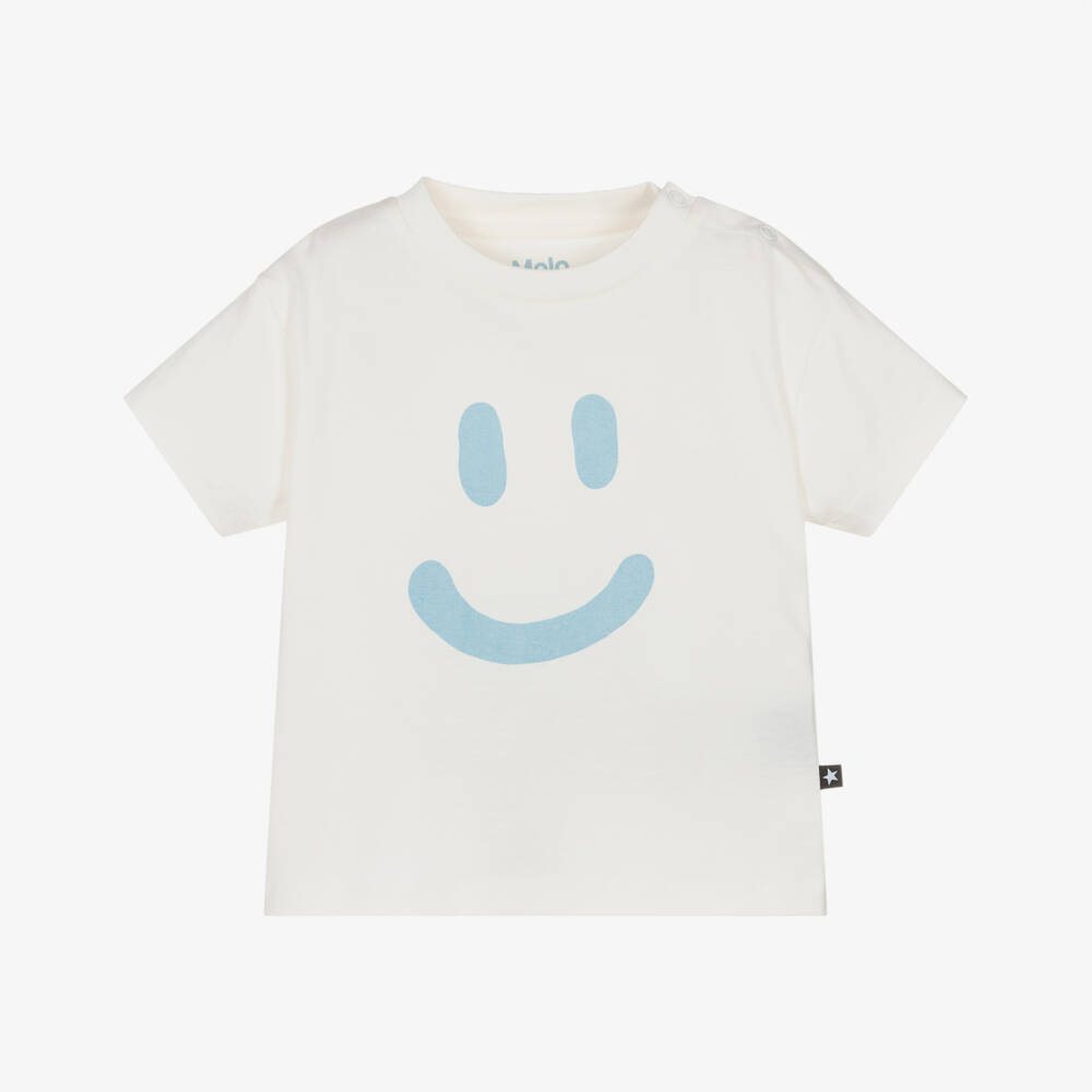 Molo-Boys White Organic Cotton T-Shirt with Blue Smiling Face | Childrensalon Outlet