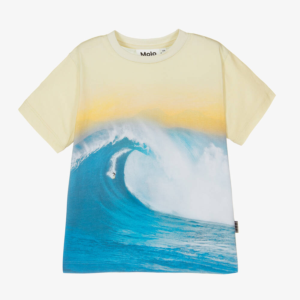 Molo - Boys Yellow & Blue Cotton Wave T-Shirt | Childrensalon