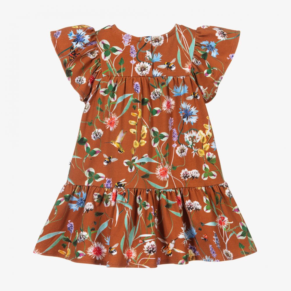 Molo-فستان قطن عضوي جيرسي لون بني بطبعة ورود | Childrensalon Outlet