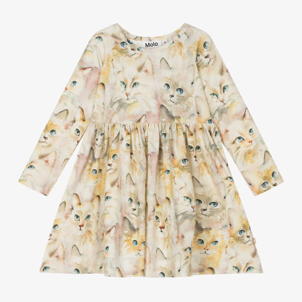 Molo-Girls Beige Cat Print Dress | Childrensalon Outlet