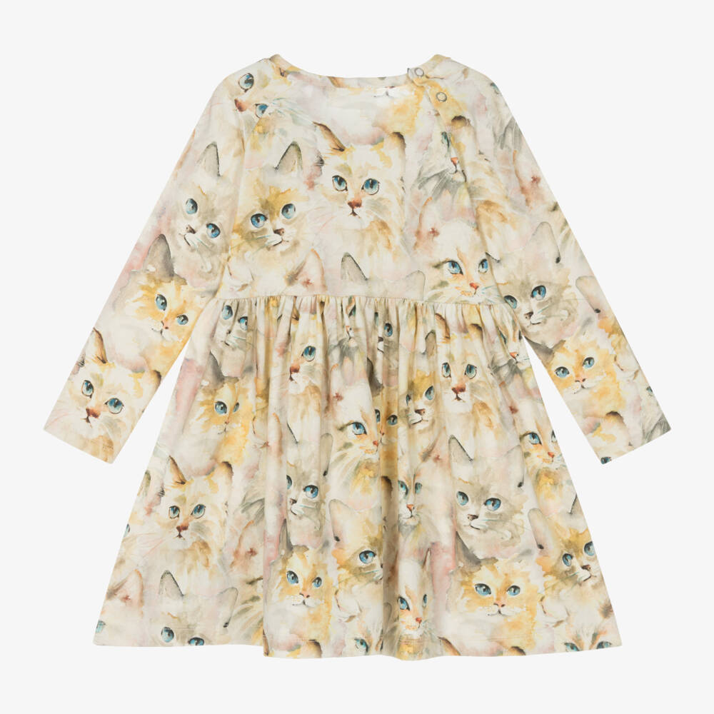Molo-Girls Beige Cat Print Dress | Childrensalon Outlet
