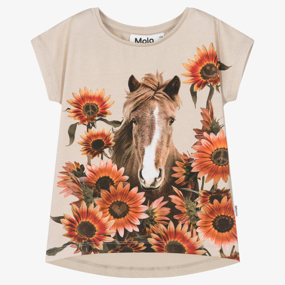 Molo - Girls Beige Cotton Horse T-Shirt | Childrensalon