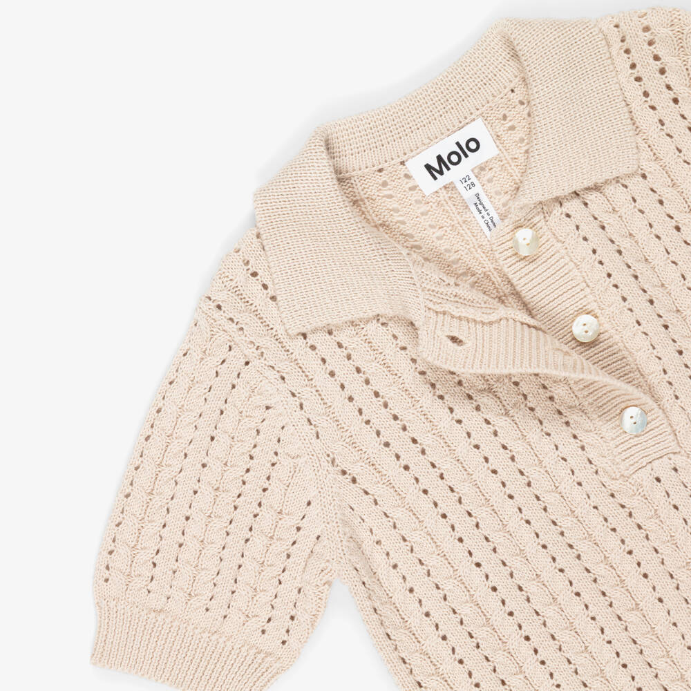 Molo-Girls Beige Cotton Lacy Knit Polo Shirt | Childrensalon Outlet