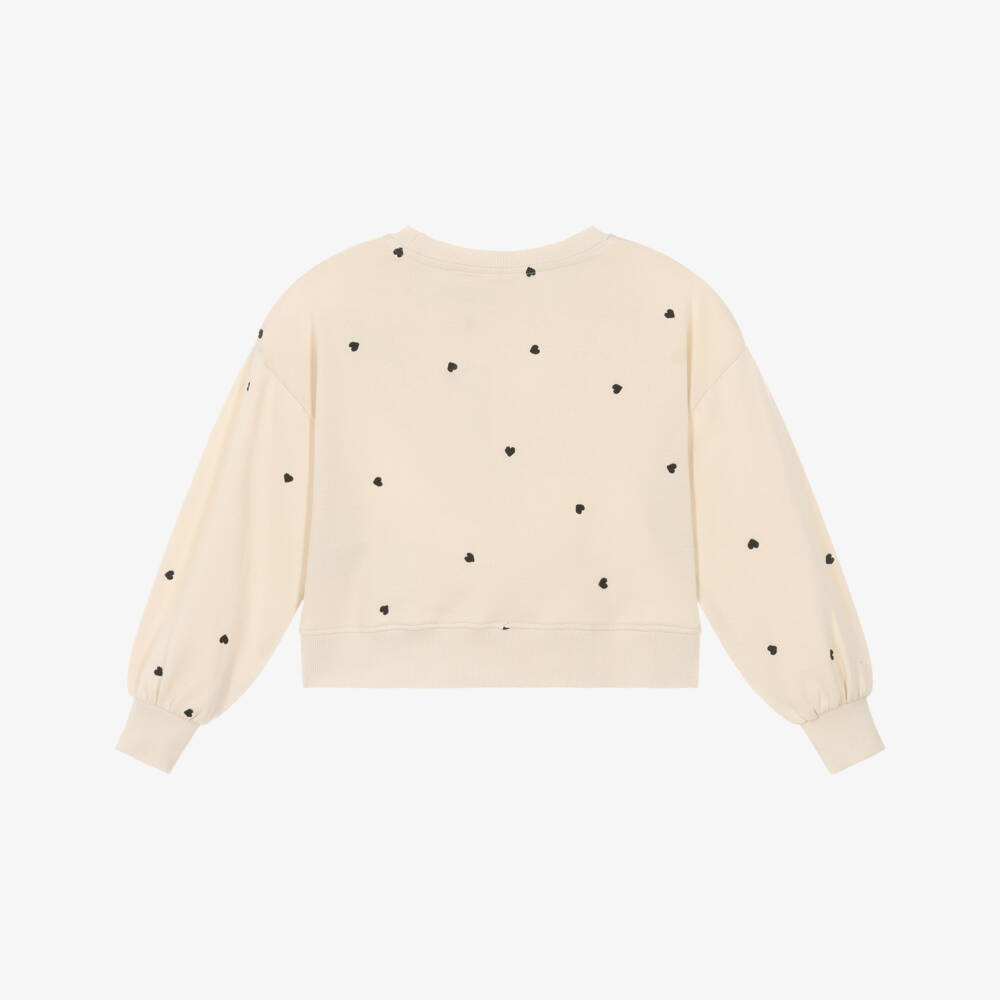 Molo-Girls Beige Cotton Sweatshirt with Black Heart Embroidery | Childrensalon Outlet