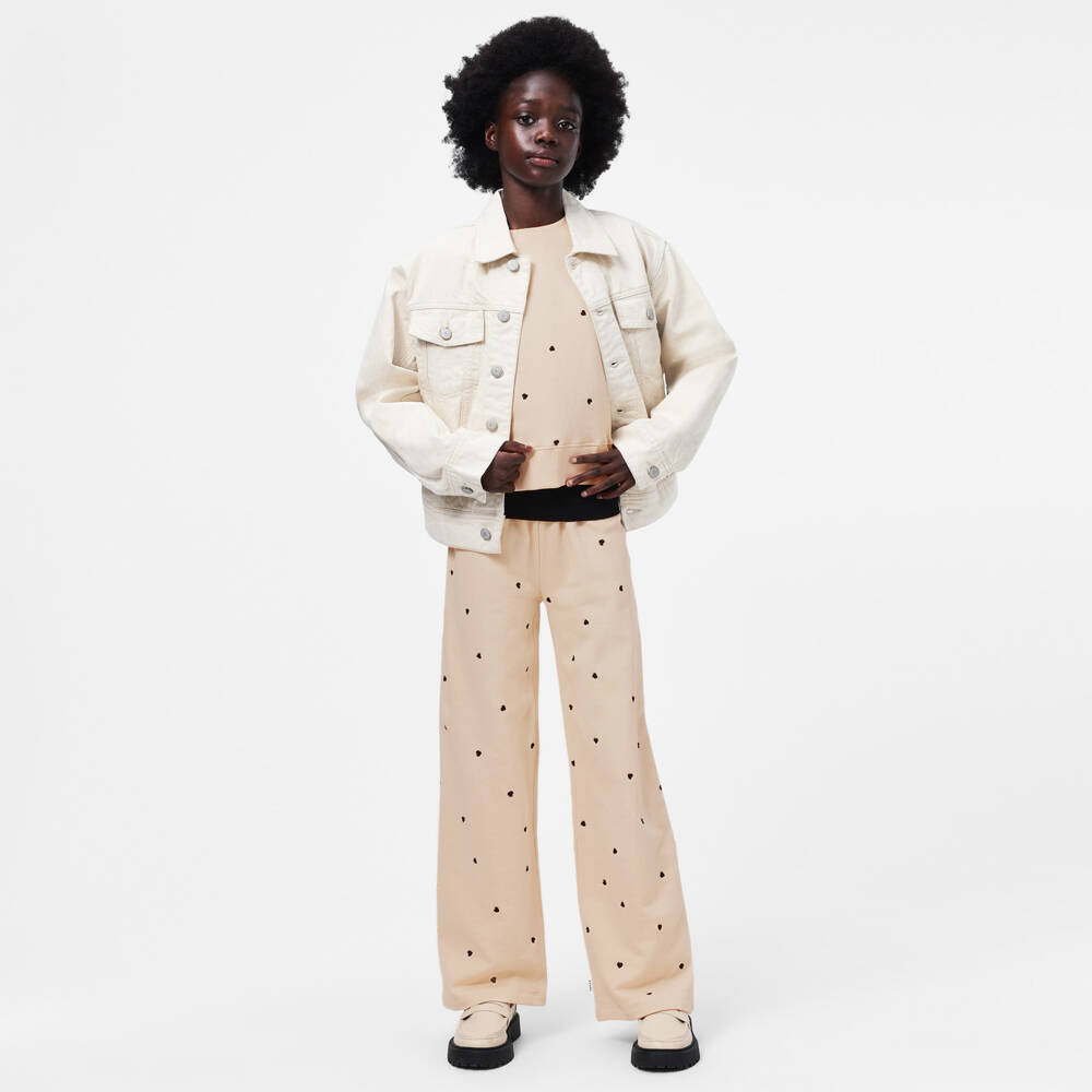 Molo-Girls Beige Cotton Sweatshirt with Black Heart Embroidery | Childrensalon Outlet