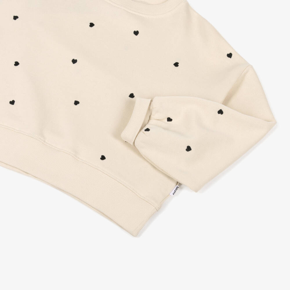 Molo-Girls Beige Cotton Sweatshirt with Black Heart Embroidery | Childrensalon Outlet