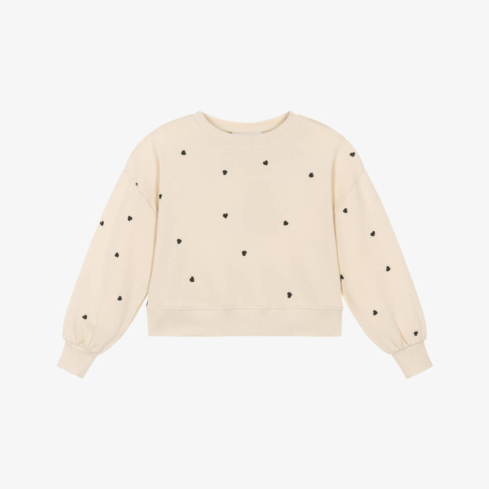 Molo-Girls Beige Cotton Sweatshirt with Black Heart Embroidery | Childrensalon Outlet