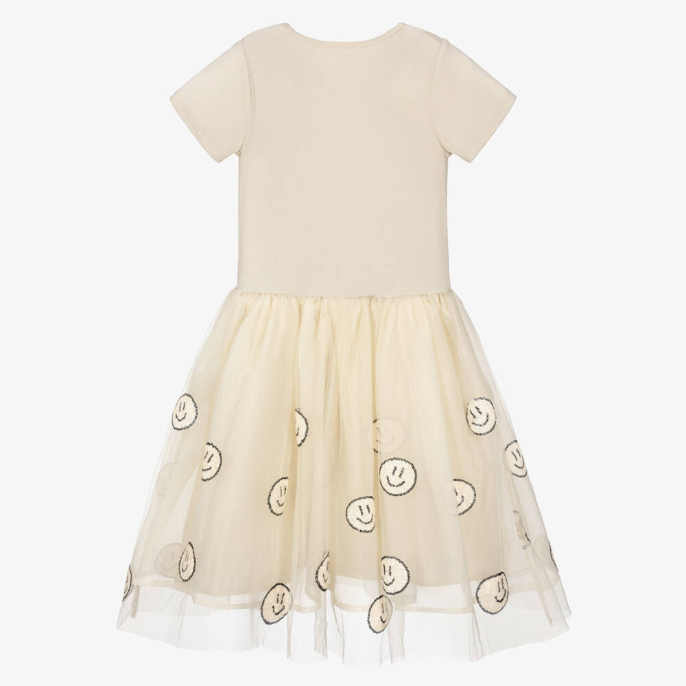Molo-Girls Beige Dress with Sequin Faces | Childrensalon Outlet