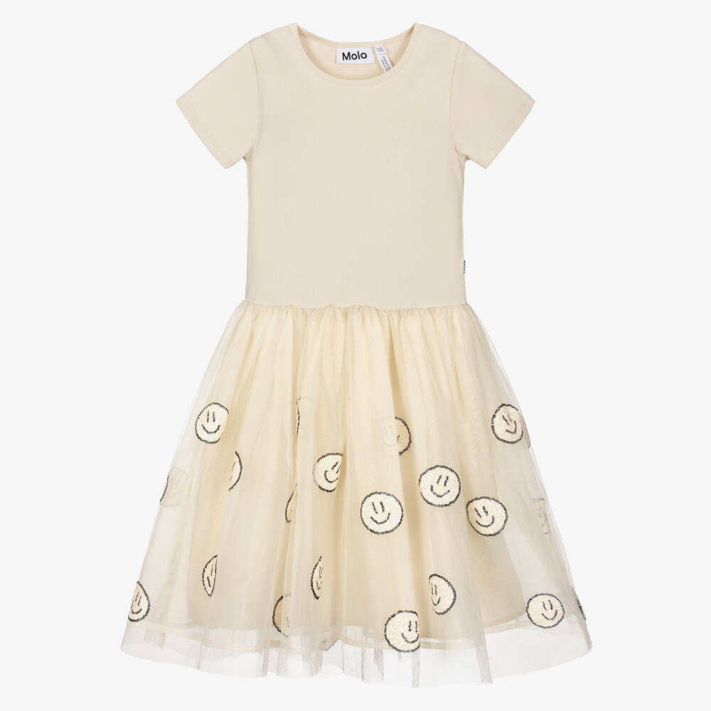 Molo-Girls Beige Dress with Sequin Faces | Childrensalon Outlet