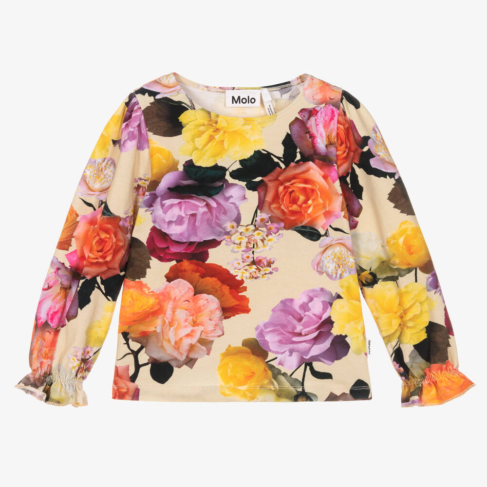 Molo-Girls Beige Floral Cotton T-Shirt | Childrensalon Outlet