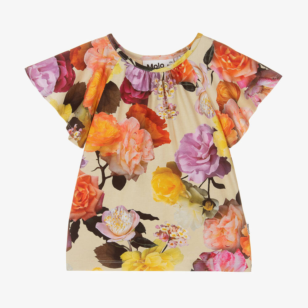 Molo - Girls Beige Floral Organic Cotton T-Shirt | Childrensalon