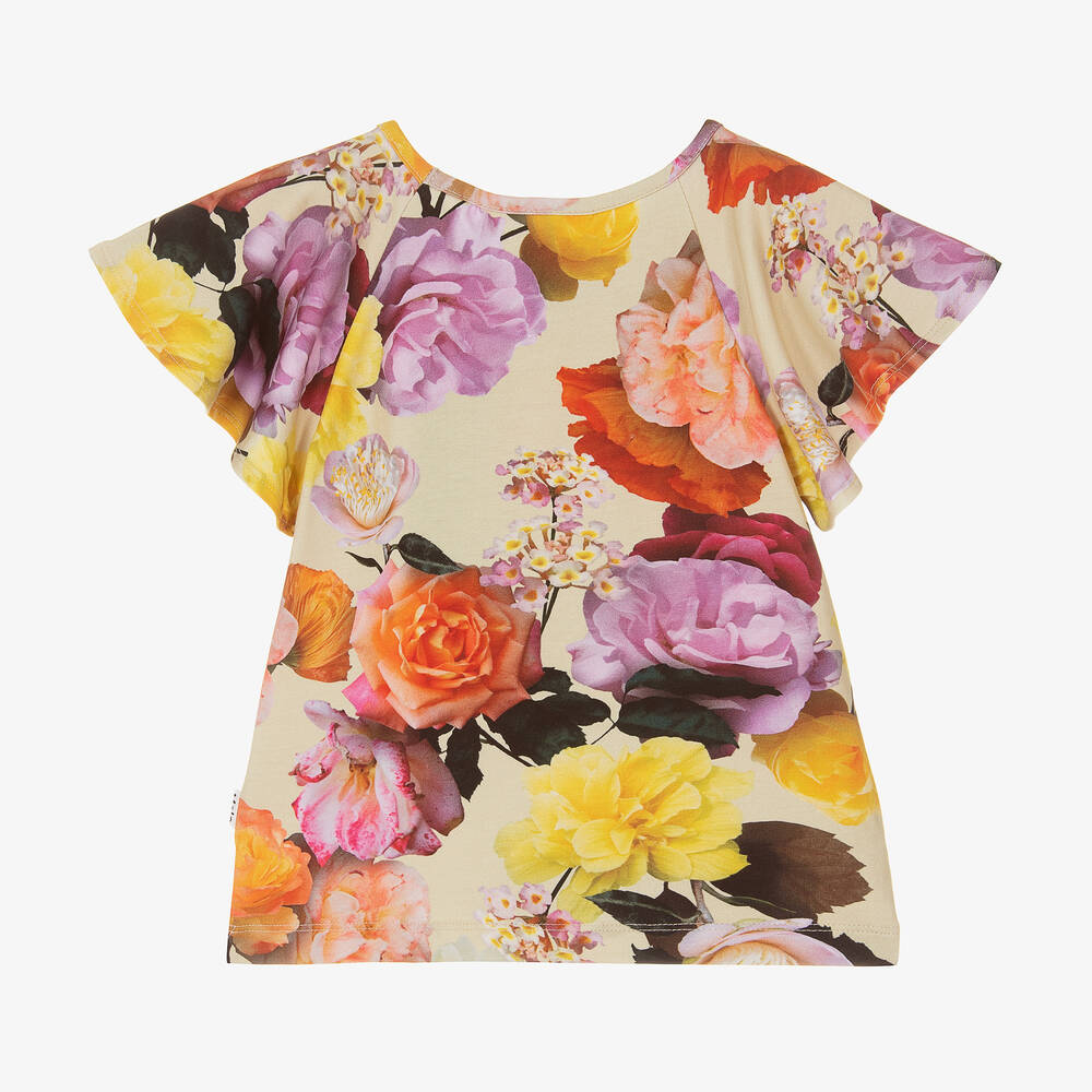 Molo-Girls Beige Floral Organic Cotton T-Shirt | Childrensalon Outlet