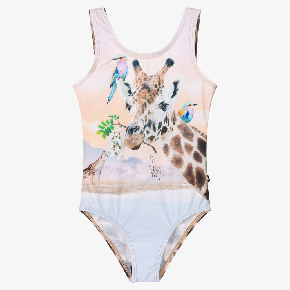 Molo - Girls Beige Giraffe Swimsuit (UPF50+) | Childrensalon