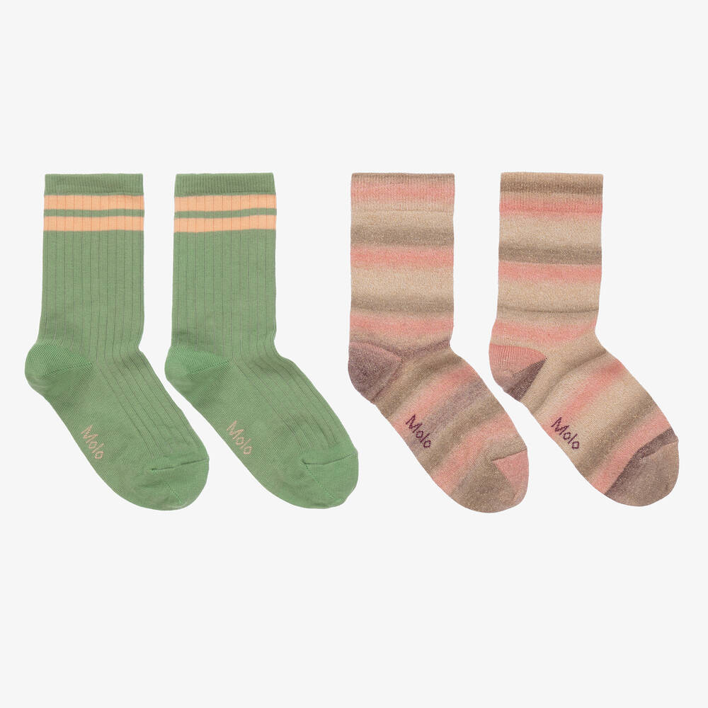 Molo - Girls Beige & Green Stripe Socks (2 Pack) | Childrensalon