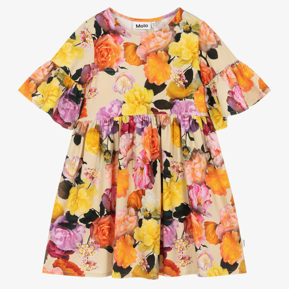 Molo - Robe coton beige et orange à roses | Childrensalon