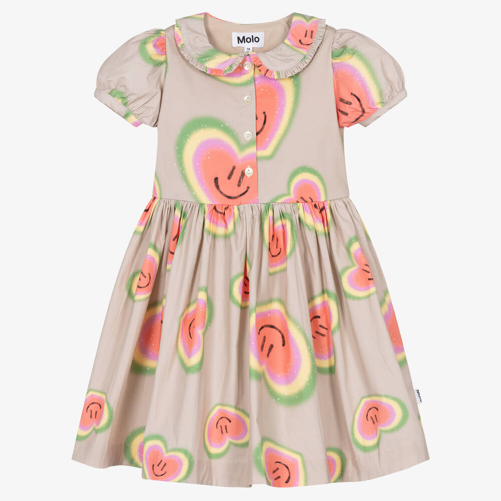 Molo - Girls Beige Organic Cotton Heart Dress  | Childrensalon
