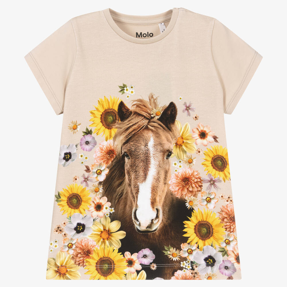 Molo - Girls Beige Organic Cotton Horse T-Shirt | Childrensalon