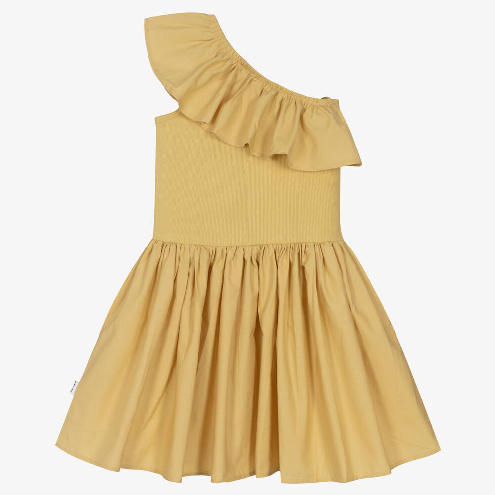 Molo-فستان قطن عضوي جيرسي مزين بكشكش لون بيج فاتح | Childrensalon Outlet