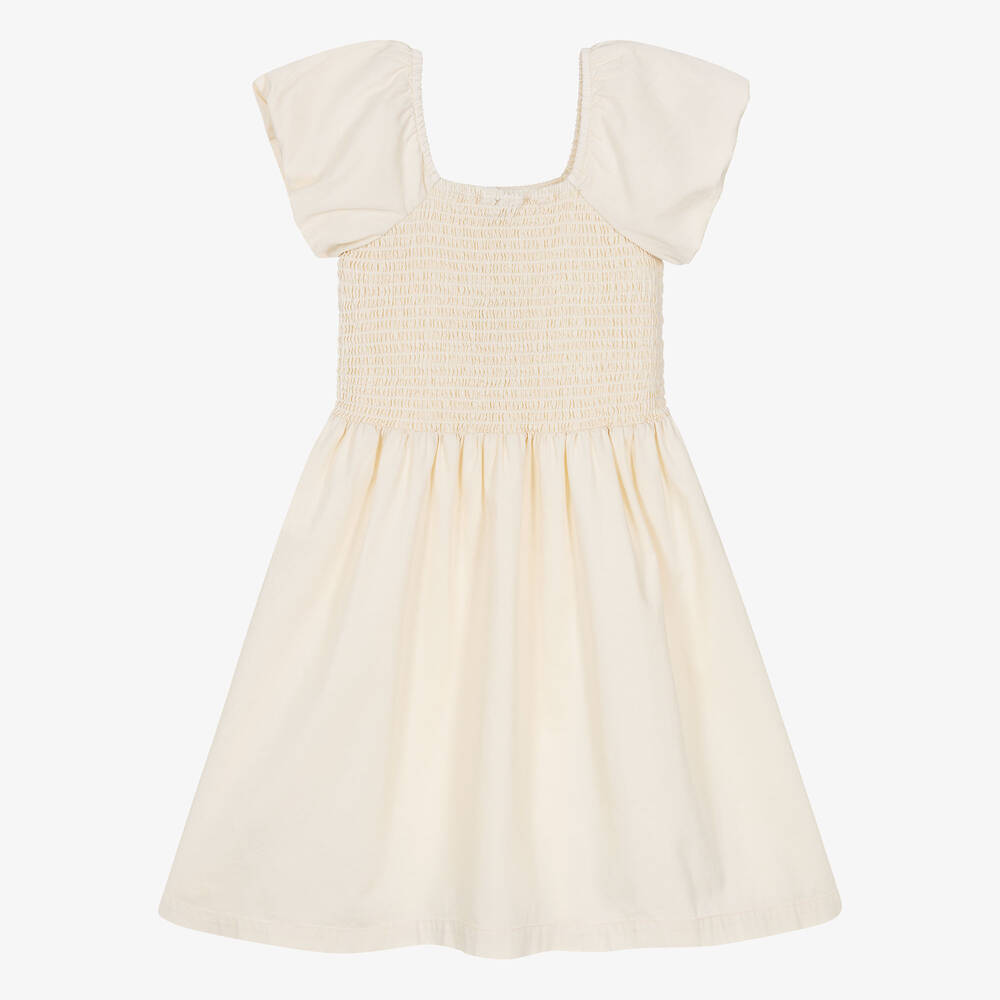 Molo-Girls Beige Shirred Organic Cotton Dress | Childrensalon Outlet