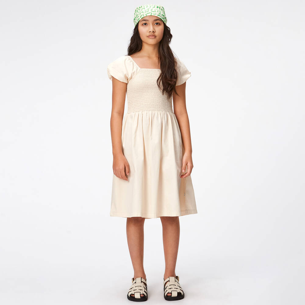 Molo-Girls Beige Shirred Organic Cotton Dress | Childrensalon Outlet