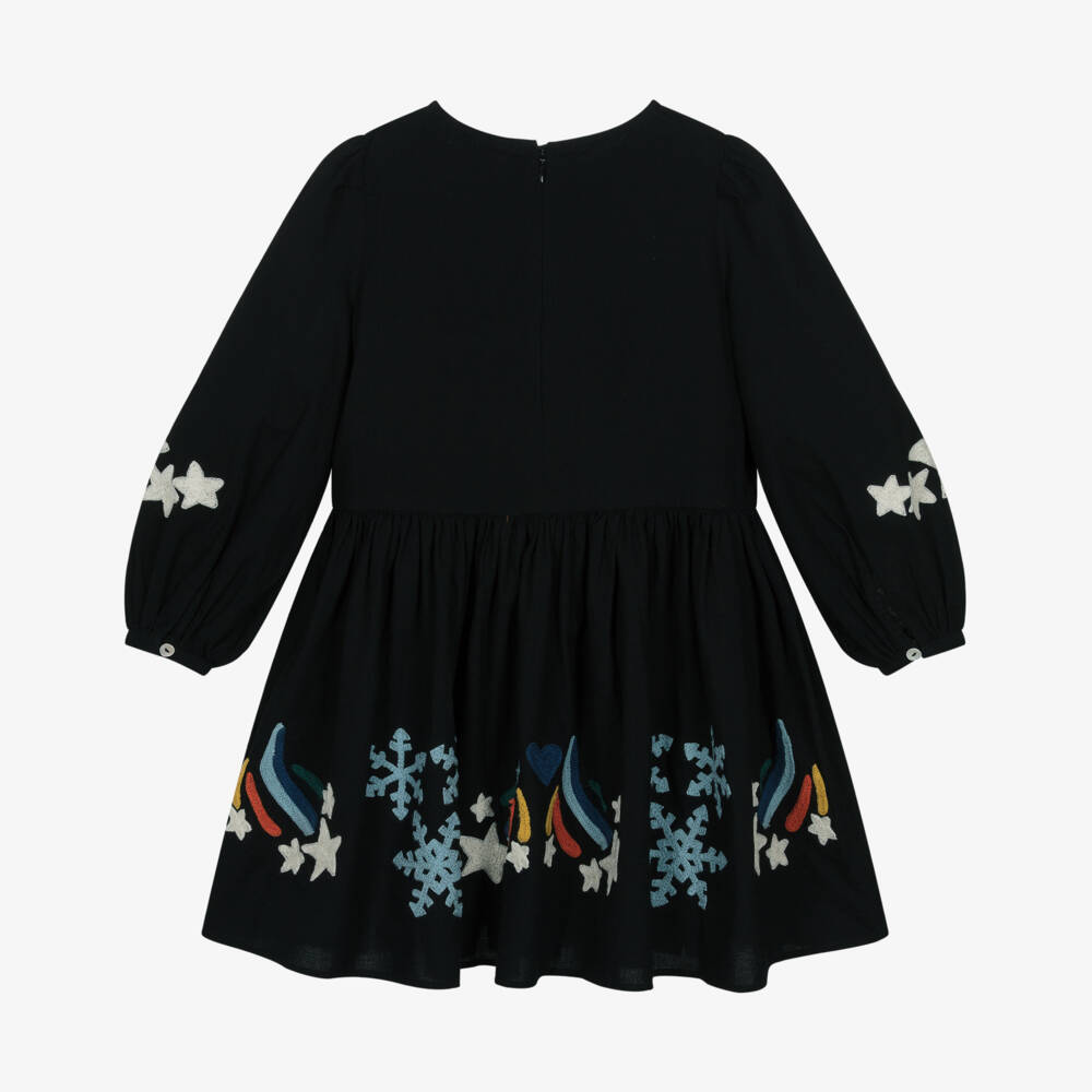 Molo-Girls Black Cotton Dress with Shooting Star Embroidery | Childrensalon Outlet