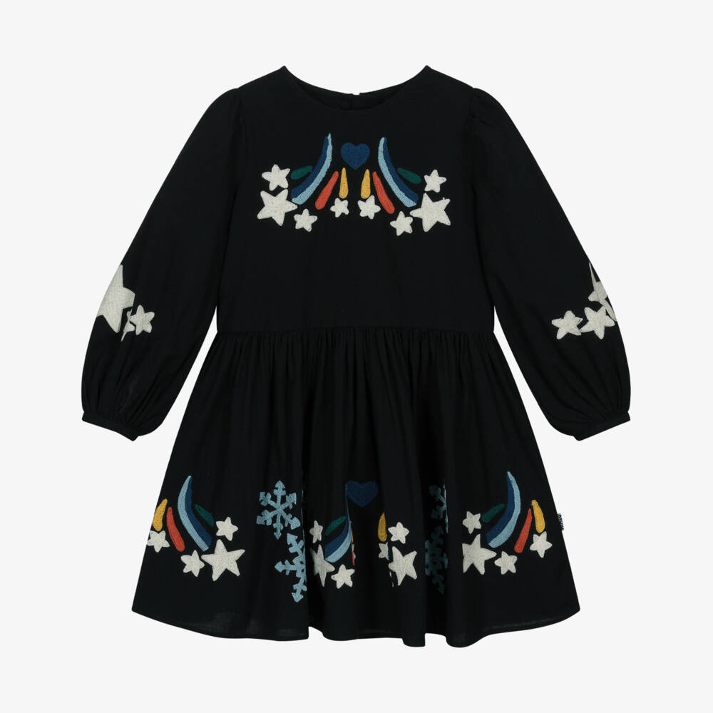 Molo-Girls Black Cotton Dress with Shooting Star Embroidery | Childrensalon Outlet