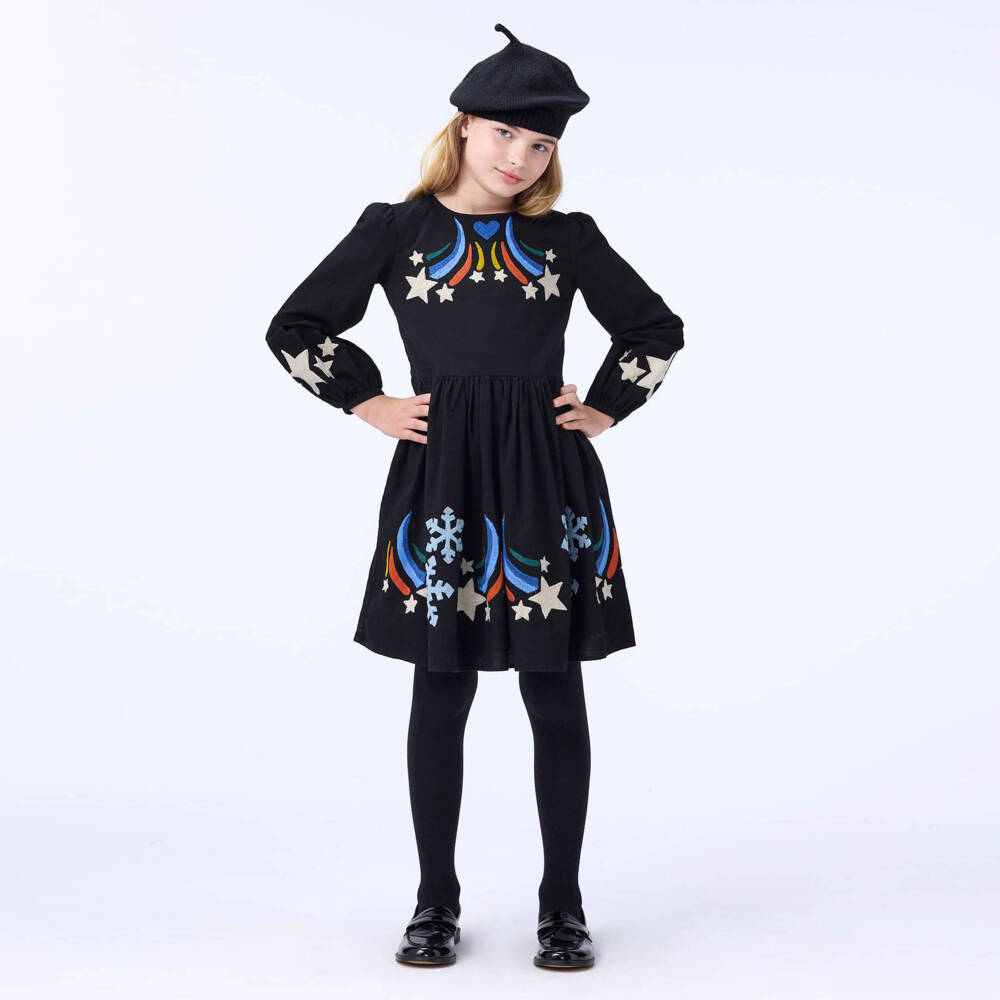 Molo-Girls Black Cotton Dress with Shooting Star Embroidery | Childrensalon Outlet