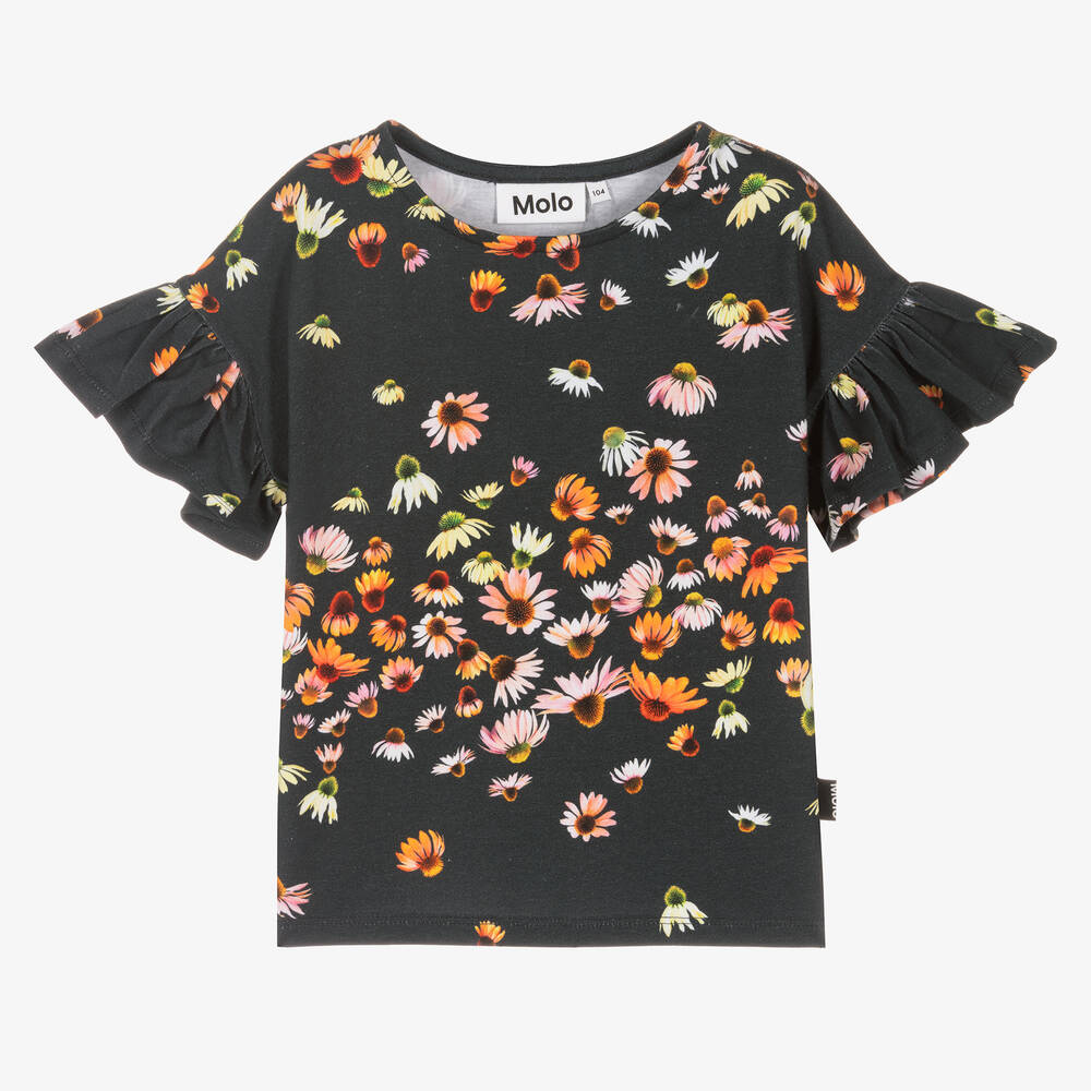 Molo - Черная хлопковая футболка в цветочек для девочек | Childrensalon
