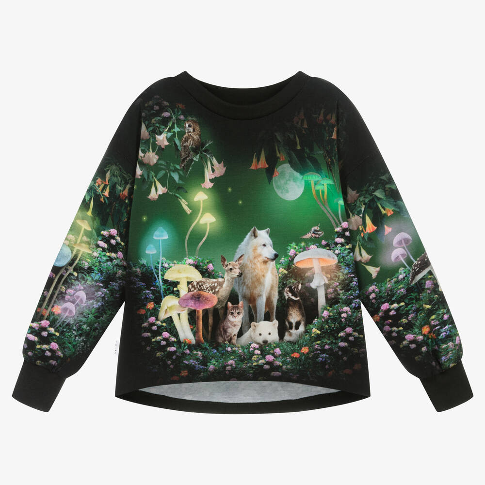 Molo - Girls Black Cotton Woodland Top | Childrensalon