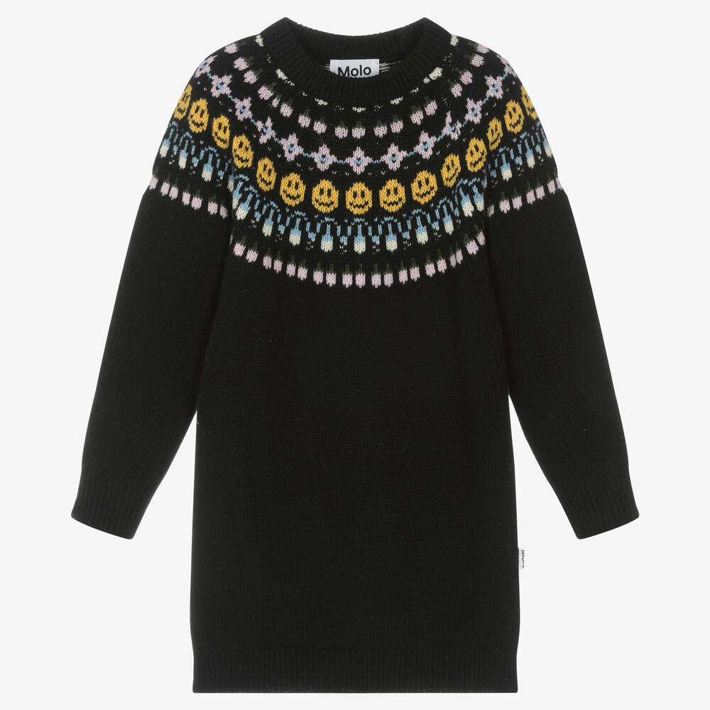 Molo - Girls Black Fair Isle Wool Knit Dress | Childrensalon