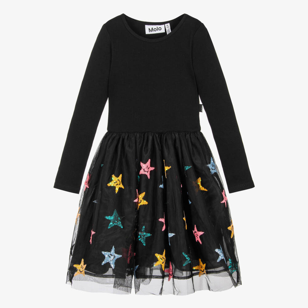 Molo-Girls Black Jersey & Tulle Dress with Sequin Stars | Childrensalon Outlet