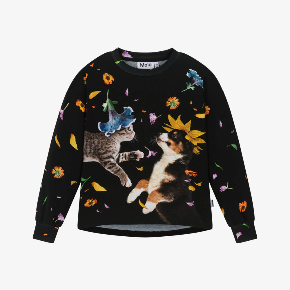 Molo-Girls Black Organic Cotton Top with Floral Animal Print | Childrensalon Outlet