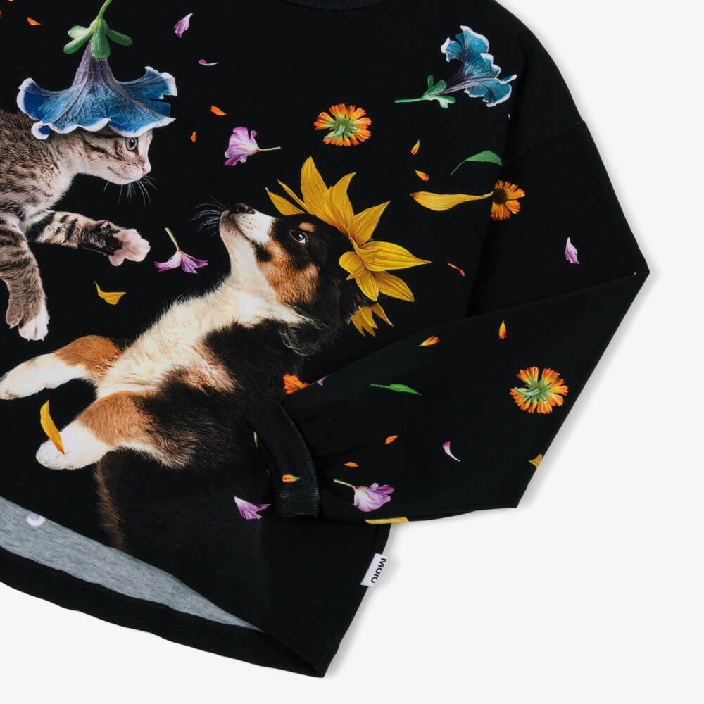 Molo-Girls Black Organic Cotton Top with Floral Animal Print | Childrensalon Outlet