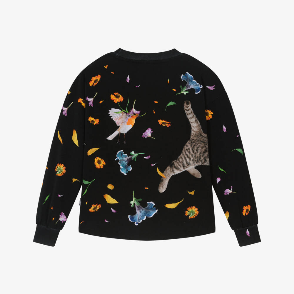 Molo-Girls Black Organic Cotton Top with Floral Animal Print | Childrensalon Outlet