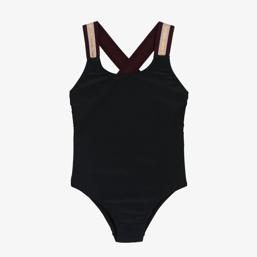 Molo - Girls Black Striped Swimsuit (UPF50+) | Childrensalon