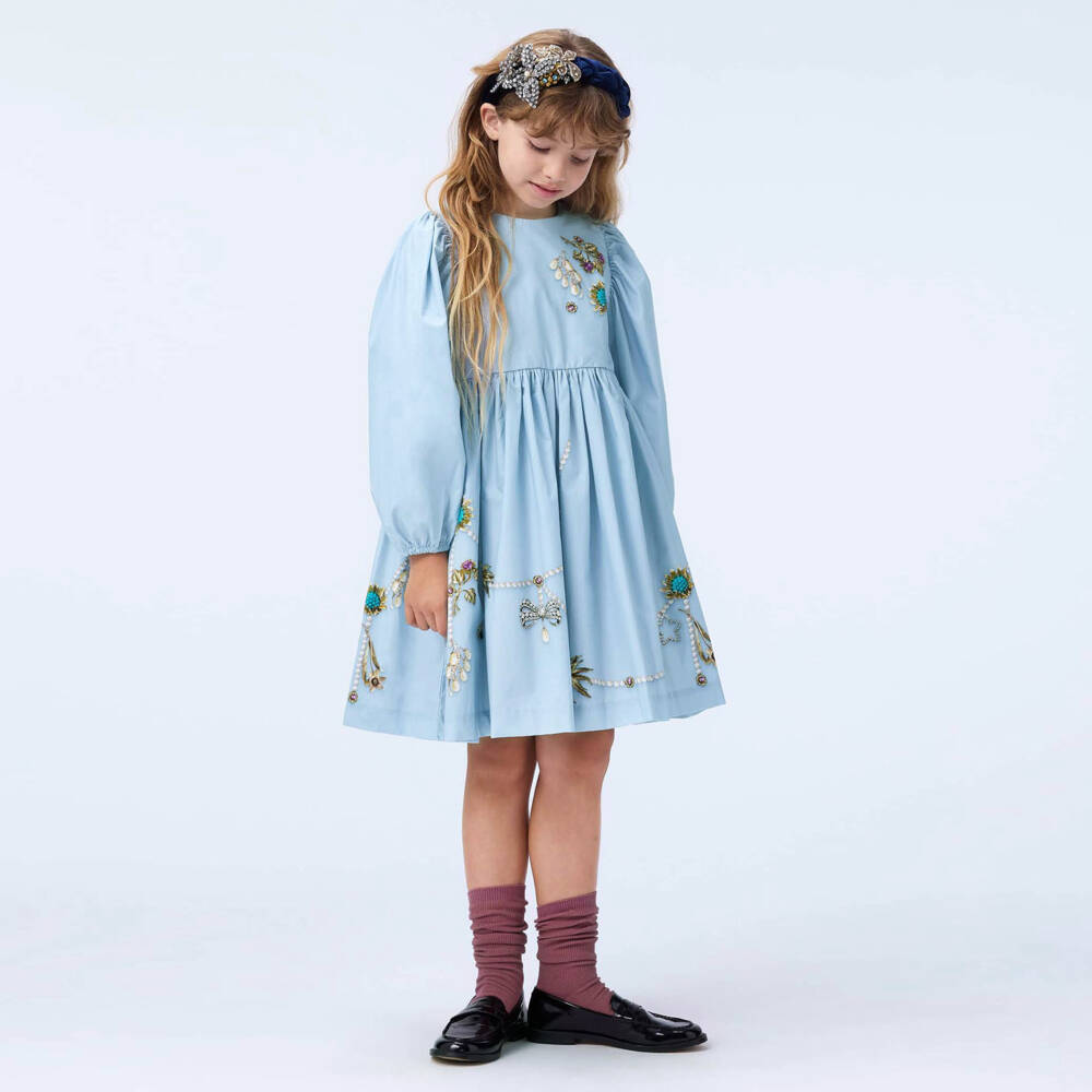 Molo-Girls Blue Beaded Print Cotton Dress | Childrensalon Outlet