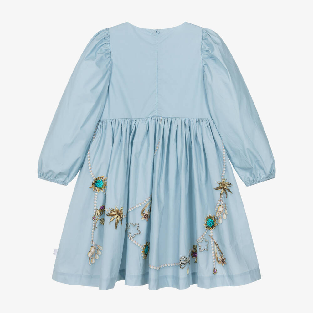 Molo-Girls Blue Beaded Print Cotton Dress | Childrensalon Outlet