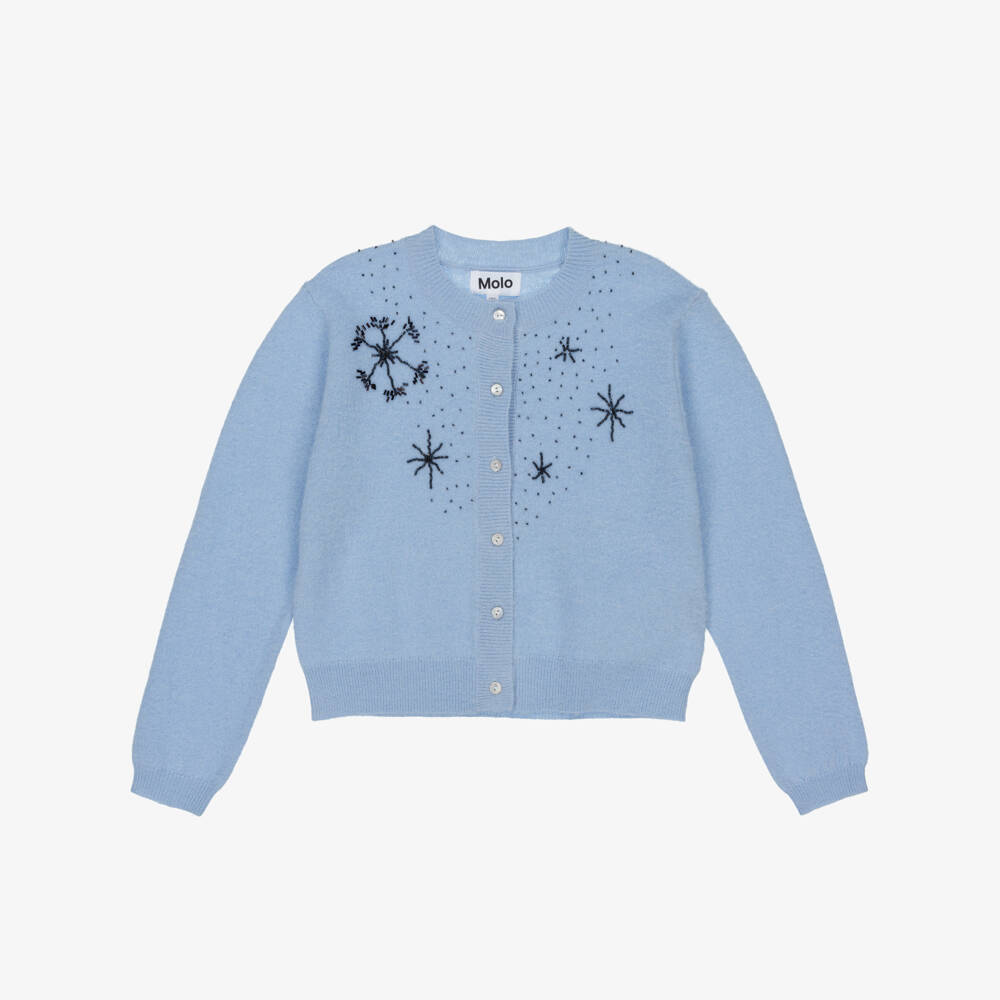 Molo-Girls Blue Beaded Snowflake Wool Knit Cardigan | Childrensalon Outlet