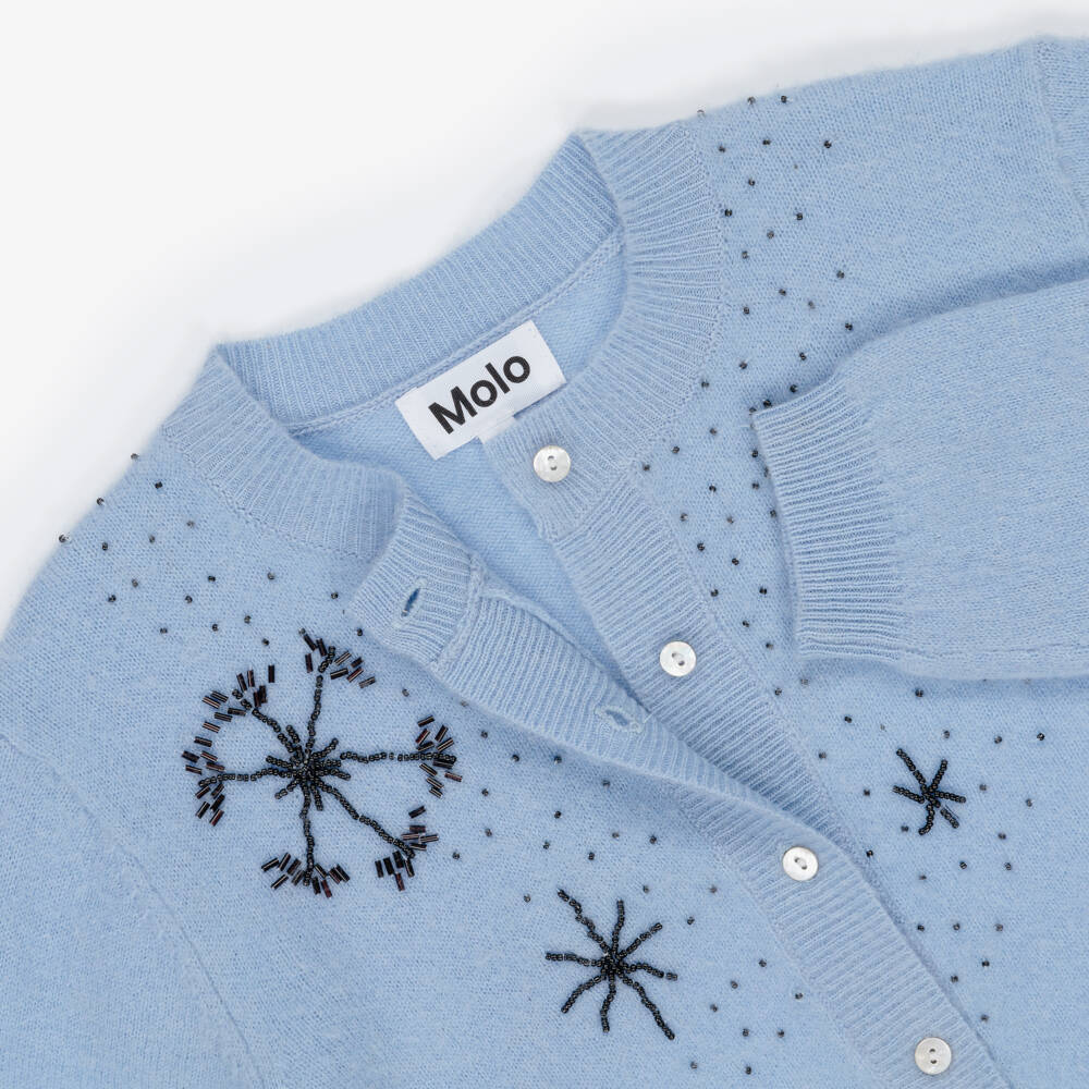 Molo-Girls Blue Beaded Snowflake Wool Knit Cardigan | Childrensalon Outlet