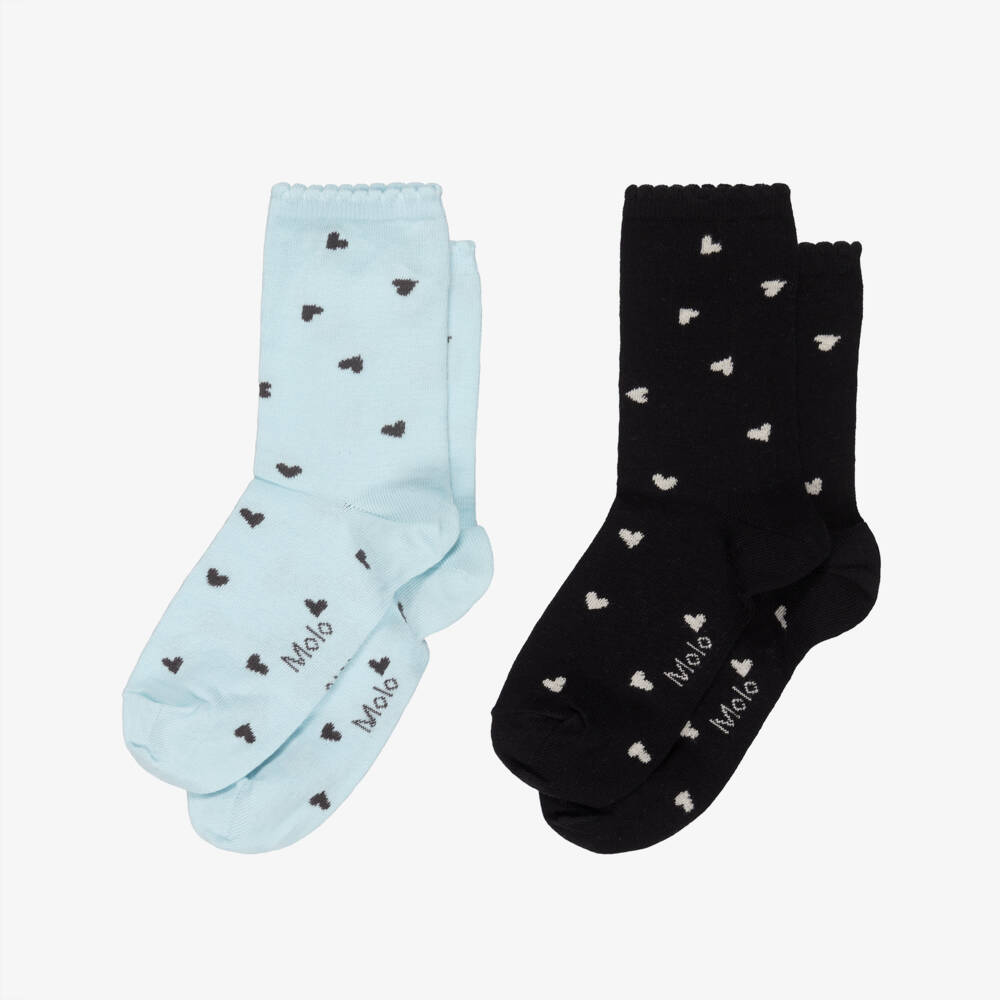 Molo-Girls Blue & Black Cotton Socks with Hearts (2 Pack) | Childrensalon Outlet