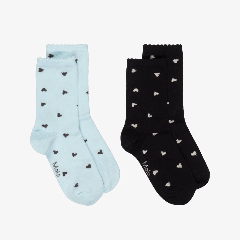 Molo-Girls Blue & Black Cotton Socks with Hearts (2 Pack) | Childrensalon Outlet