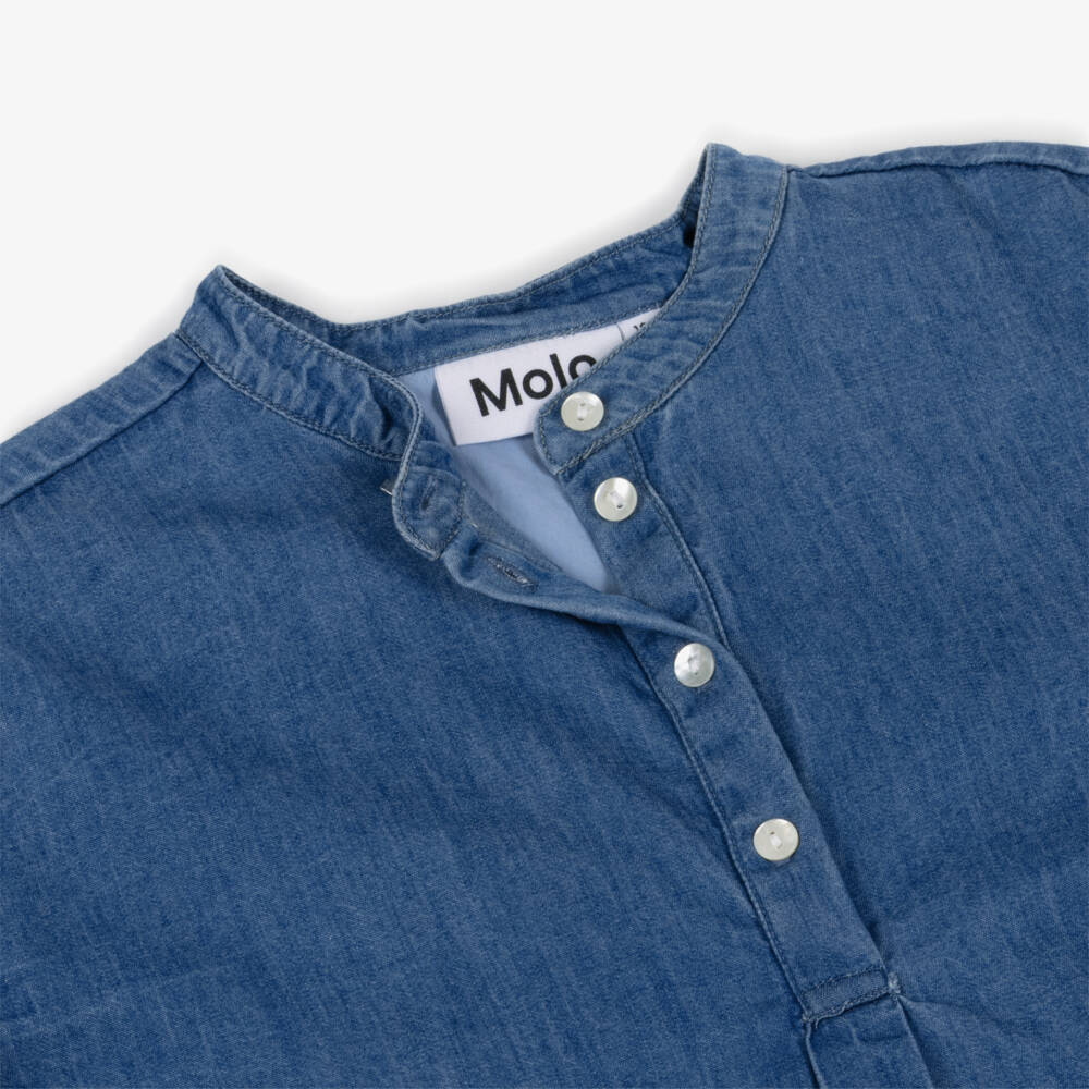 Molo-Girls Blue Chambray Blouse with Rainbow Embroidery | Childrensalon Outlet
