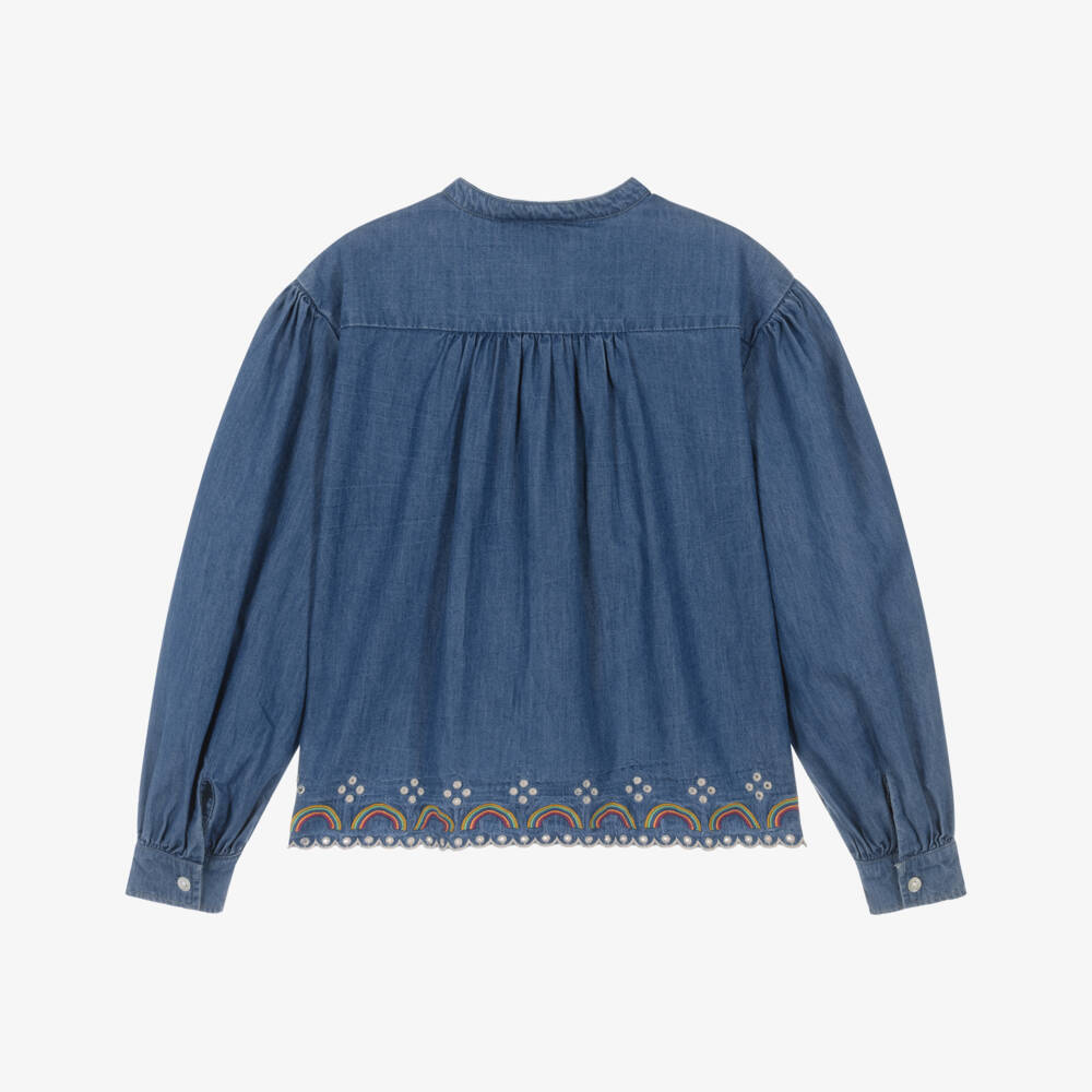 Molo-Girls Blue Chambray Blouse with Rainbow Embroidery | Childrensalon Outlet