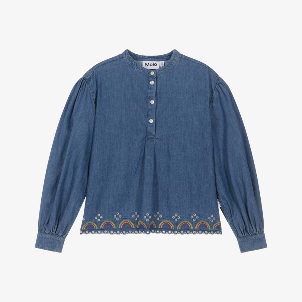 Molo-Girls Blue Chambray Blouse with Rainbow Embroidery | Childrensalon Outlet
