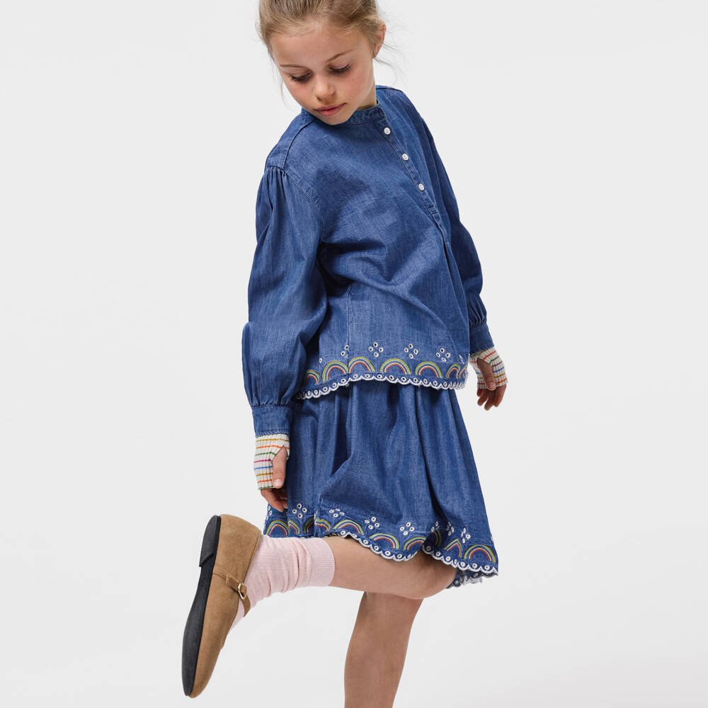 Molo-Girls Blue Chambray Blouse with Rainbow Embroidery | Childrensalon Outlet