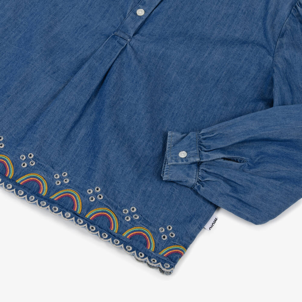 Molo-Girls Blue Chambray Blouse with Rainbow Embroidery | Childrensalon Outlet