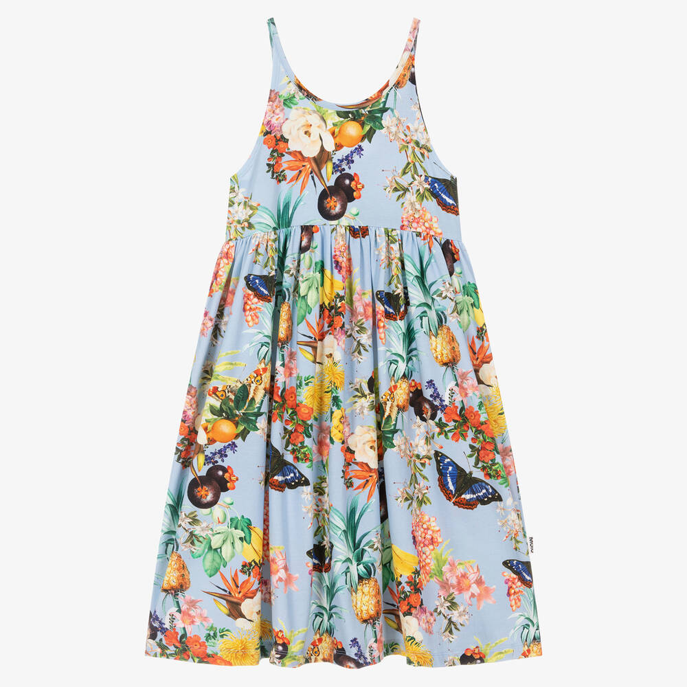 Molo - Girls Blue Cotton Floral & Fruits Dress | Childrensalon
