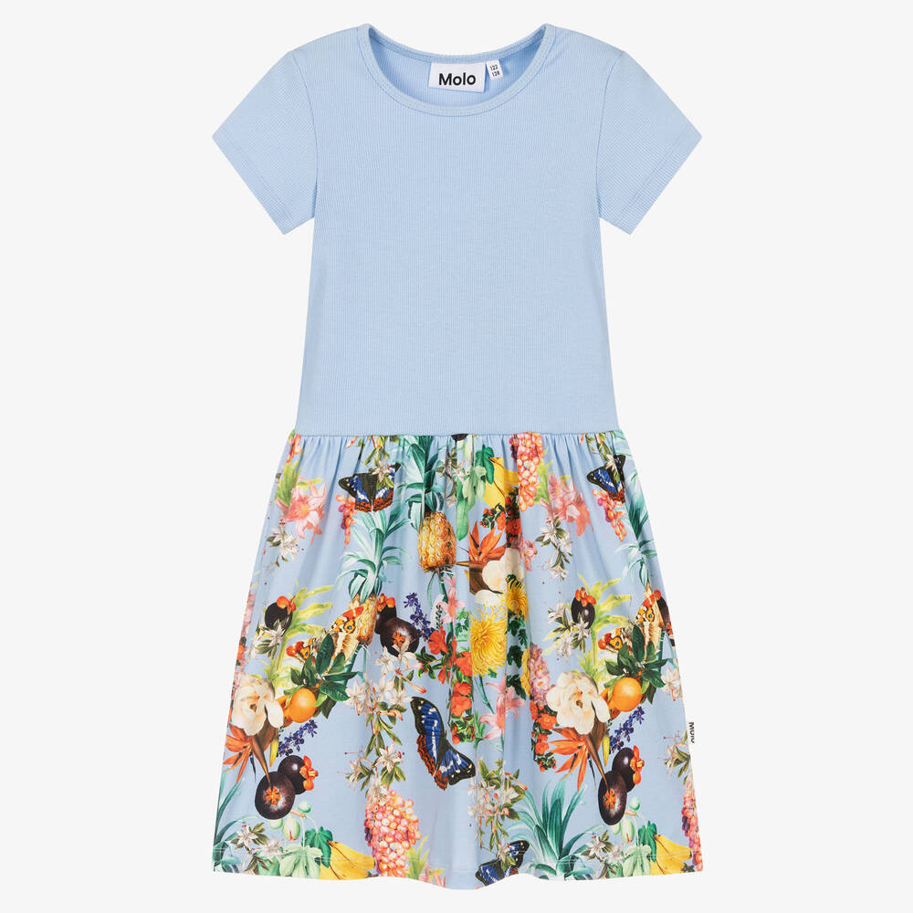 Molo - Girls Blue Cotton Floral & Fruits Dress | Childrensalon