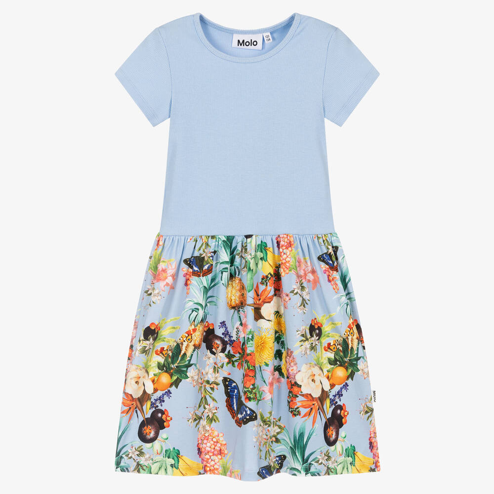 Molo-Girls Blue Cotton Floral & Fruits Dress | Childrensalon Outlet